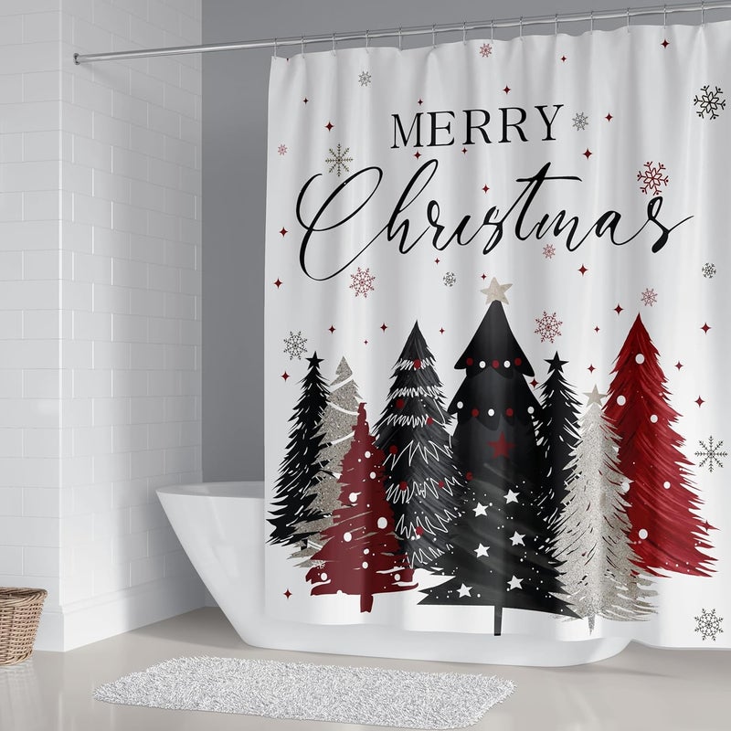 Apear1 4Pcs Merry Christmas Shower Curtain Set Xmas Tree Snowflake Shower Curtain for Christmas Bathroom Decor with Anti-Slip Waterproof Bathtub Bathroom Rugs Toilet Lid Cover (White) - Image 3